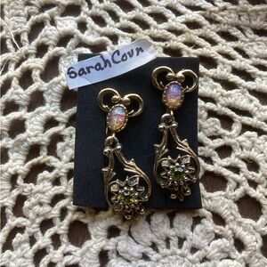 Vintage 70s Sarah Coventry Gold and Opal Drop Clip on Earrings